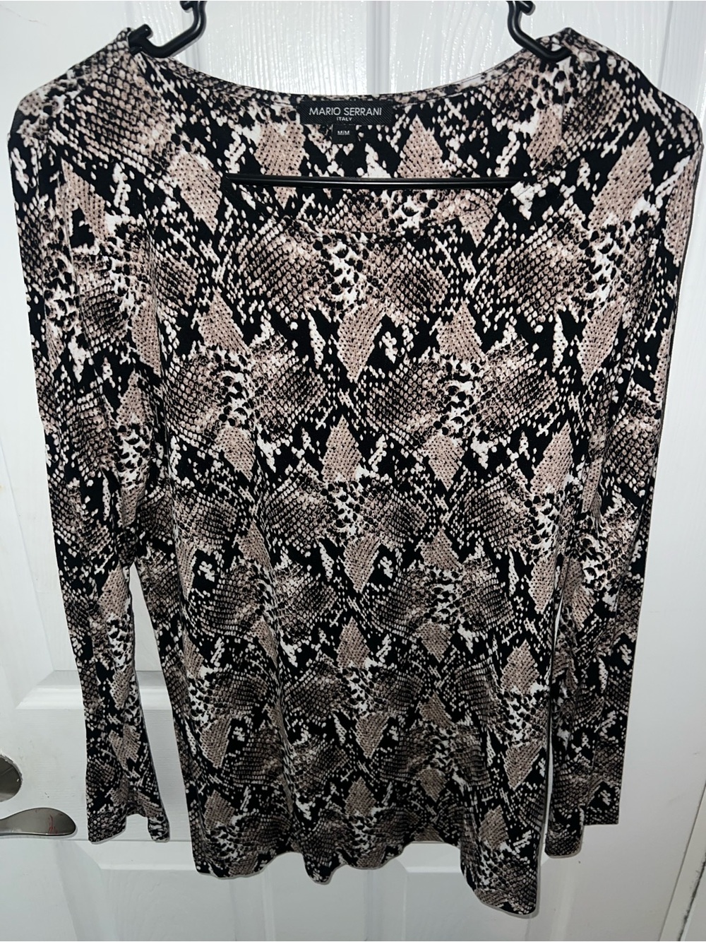 Mario Serrani Black and Beige Snake-Print Long Sleeve Top size large NWOT